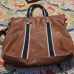 Coach British tan leather tote with navy/tan handles and straps